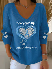Women's Never Give Up – Diabetes Awareness Print V Neck Sweater