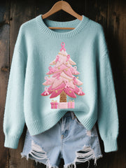 Women's Pink Christmas Tree Embroidered Cozy Knit Sweater