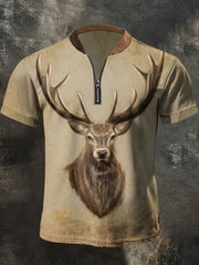 Men's Retro Western Deer Print Casual Zipper Top