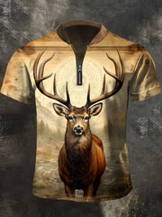 Men's Retro Western Deer Print Casual Zipper Top