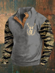 Men'sRetro Western Deer Head Leopard Print Casual Button Sweatshirt