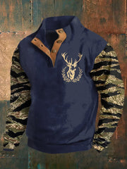 Men'sRetro Western Deer Head Leopard Print Casual Button Sweatshirt