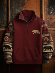 Men's Retro Western Aztec Bear Print Casual Zipper Sweatshirt
