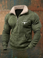 Men's Retro Western Bull Skull Print Fur Collar Casual Zipper Sweatshirt