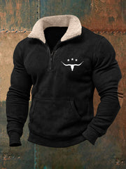 Men's Retro Western Bull Skull Print Fur Collar Casual Zipper Sweatshirt