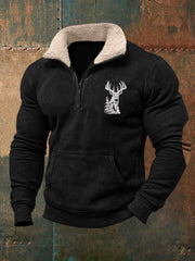 Men's Retro Western Deer Antlers Print Fur Collar Casual Zipper Sweatshirt