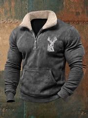 Men's Retro Western Deer Antlers Print Fur Collar Casual Zipper Sweatshirt
