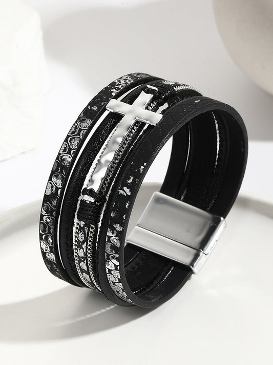 Womens Cross Braided Multi-layer Leather Magnetic Bracelet