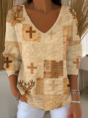 Women's Faith Patchwork Print V-Neck Ribbed Top