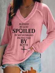 Women's Blessed By God Spoiled By My Husband Protected By Both Casual Long-Sleeve V-Neck Tee