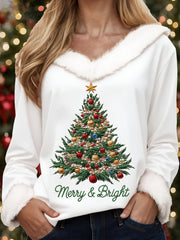 Women's Merry And Bright Christmas Tree Print Casual Fur-Collar Top