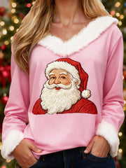 Women's Christmas Santa Claus Print Casual Fur-Collar Top