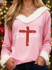 Women's Merry Christmas Christmas Cross Print Casual Fur-Collar Top