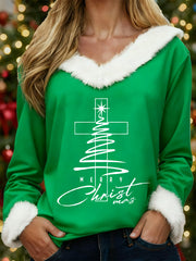 Women's Merry Christmas  Jesus Christmas Tree Cross Print Casual Fur-Collar Top