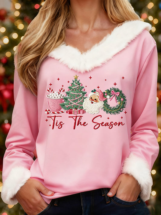 Women's Merry Christmas Christmas Santa Claus Print Casual Fur-Collar Top