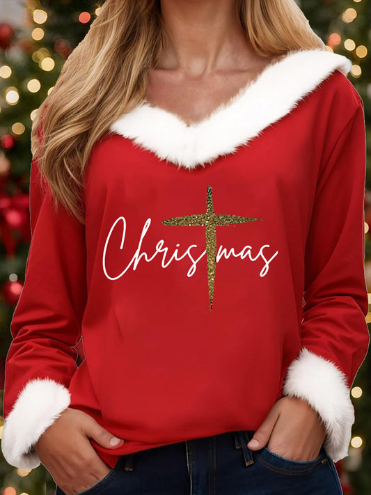 Women's Merry Christmas Christmas Cross Print Casual Fur-Collar Top