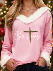 Women's Merry Christmas Christmas Cross Print Casual Fur-Collar Top