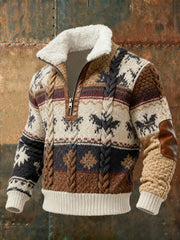 Men's Retro Knitted Pattern Print Casual Fur Collar Pullover