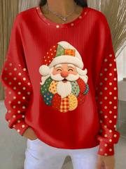 Women's Santa Claus Print Ribbed Round-Neck Sweatshirt