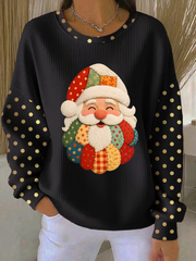 Women's Santa Claus Print Ribbed Round-Neck Sweatshirt