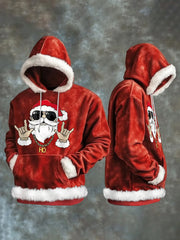 Men's Christmas Rock Santa Claus Print Casual Plush Hoodie