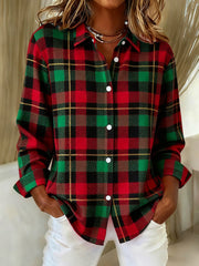 Women's Christmas Plaid Print Casual Long-Sleeve Shirt
