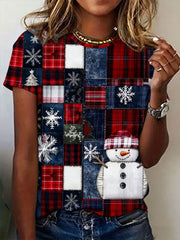 Women's Plaid Patchwork Christmas Snowman Short-sleeved T-shirt