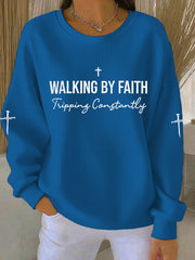 Women's Walking by Faith Tripping Constantly Cross Ribbed Round-Neck Sweatshirt