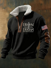 Men's IRON SHARPENS Cross Print Zipper Fur Collar Sweatshirt