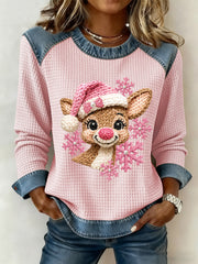 Women's Pink Christmas Reindeer Art Printed Denim Patchwork Waffle Top