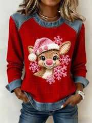 Women's Pink Christmas Reindeer Art Printed Denim Patchwork Waffle Top