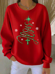 Women's Jesus Chriatmas Tree Ribbed Round-Neck Sweatshirt