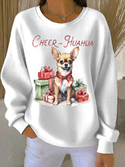 Women's Cheer Huahua Christmas Chihuahua Ribbed Round-Neck Sweatshirt