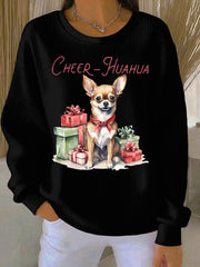 Women's Cheer Huahua Christmas Chihuahua Ribbed Round-Neck Sweatshirt