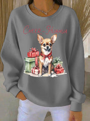 Women's Cheer Huahua Christmas Chihuahua Ribbed Round-Neck Sweatshirt