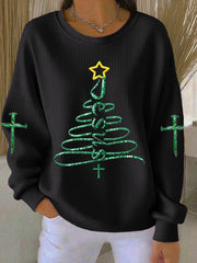 Women's Jesus Christmas Tree Ribbed Round-Neck Sweatshirt