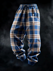 Men's Retro Plaid Faith Print Casual Knit Pants