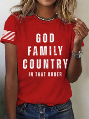 Women's God Family Country In That Order USA Flag Print Tee