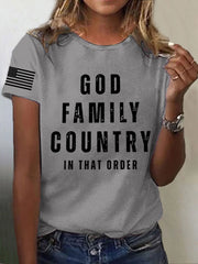Women's God Family Country In That Order USA Flag Print Tee