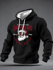 Men's Christmas Black Santa Claus Print Casual Checkered Hoodie