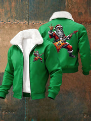 Men's Christmas Rock Santa Claus Print Fur Collar Zip-Up Jacket