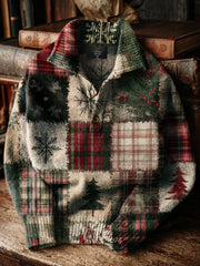Men's Vintage Christmas Patchwork Art Print Button Stand Collar Hoodie