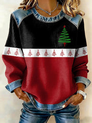 Women's Christmas Tree Cross Denim Patchwork Top