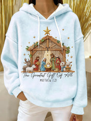 Women's The Greatest Gift Of All Jesus Nativity Christian Christmas Casual Flannel Hoodie