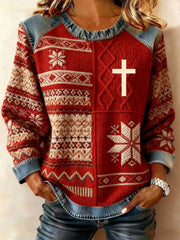 Women's Christmas Cross Denim Patchwork Top