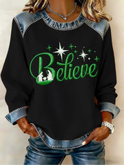 Women's Christmas Believe Denim Patchwork Top