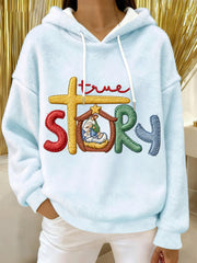 Women's True Story The Greatest Gift Of All Jesus Nativity Christian Christmas Flannel Hoodie