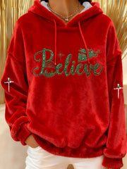 Women's Christmas Believe Cross Flannel Hoodie