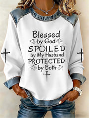 Women's Blessed By God Spoiled By My Husband Denim Patchwork Top