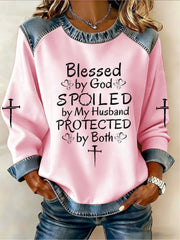 Women's Blessed By God Spoiled By My Husband Denim Patchwork Top